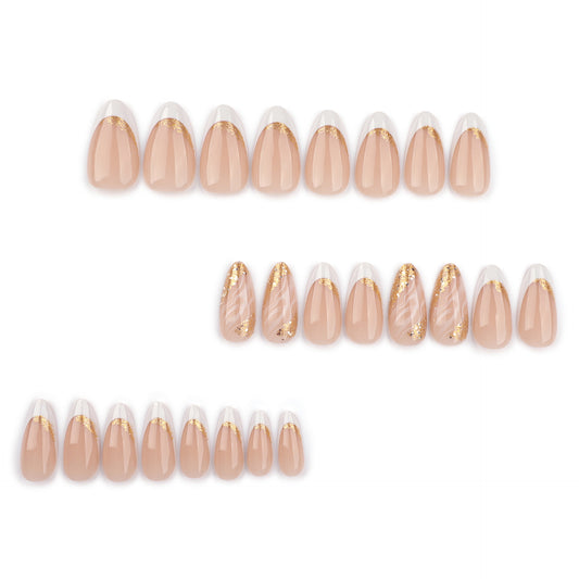 Uñas francesas clásicas blancas simples, uñas postizas con purpurina dorada, uñas con efecto difuminado y grietas, producto terminado al por mayor | 365nails