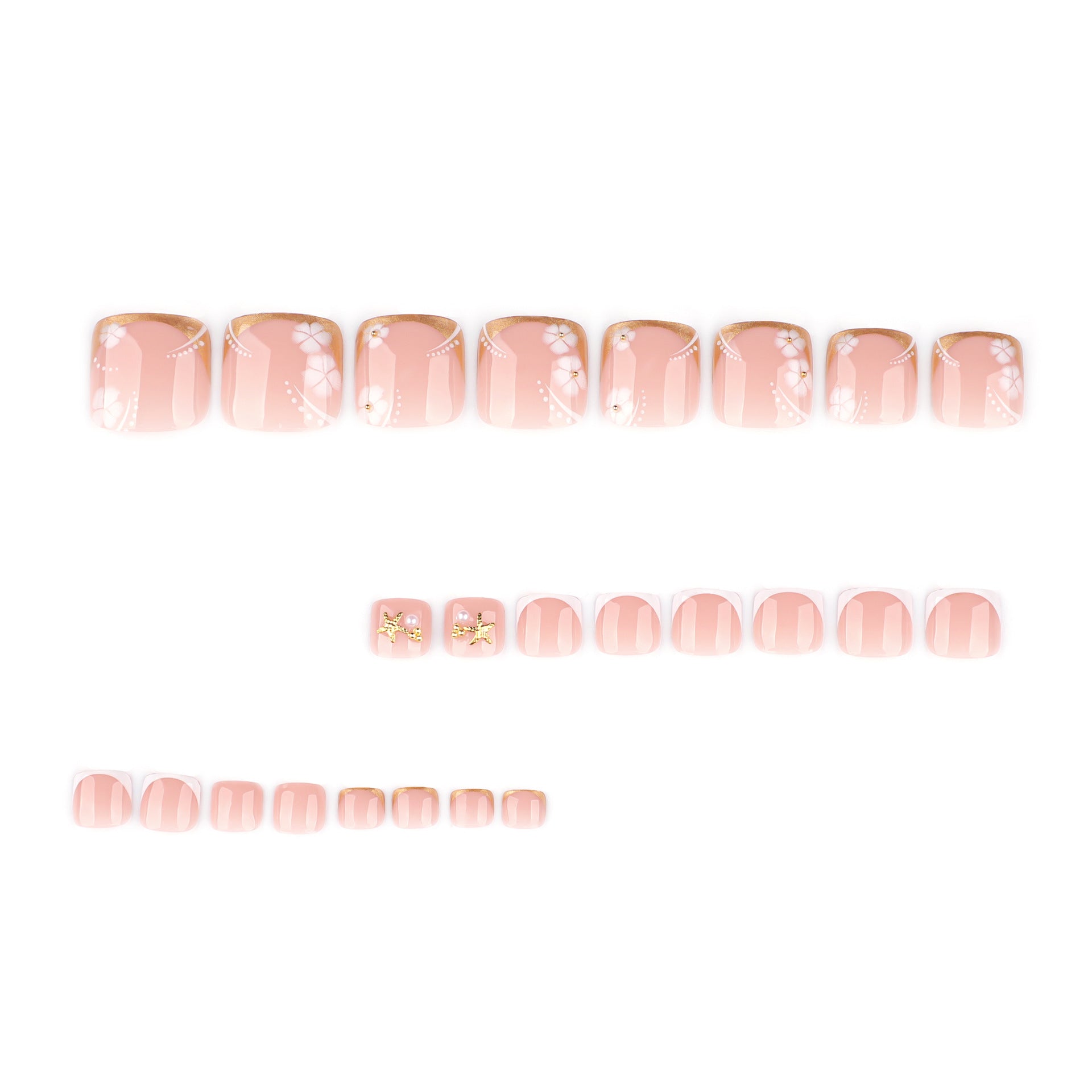 Minimalist french gold & white short square toe nail tips with white floral accents