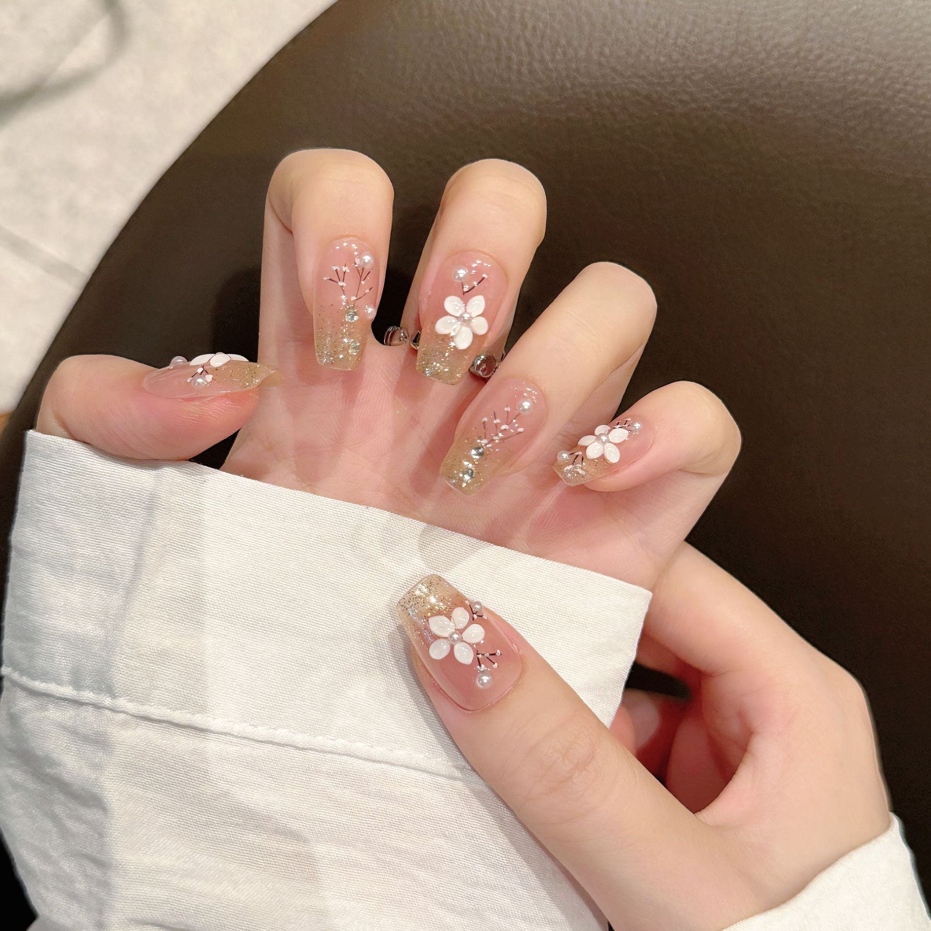 365nails: "White Blossom Whisper" – 3D Floral Glitter Handmade Coffin Nails