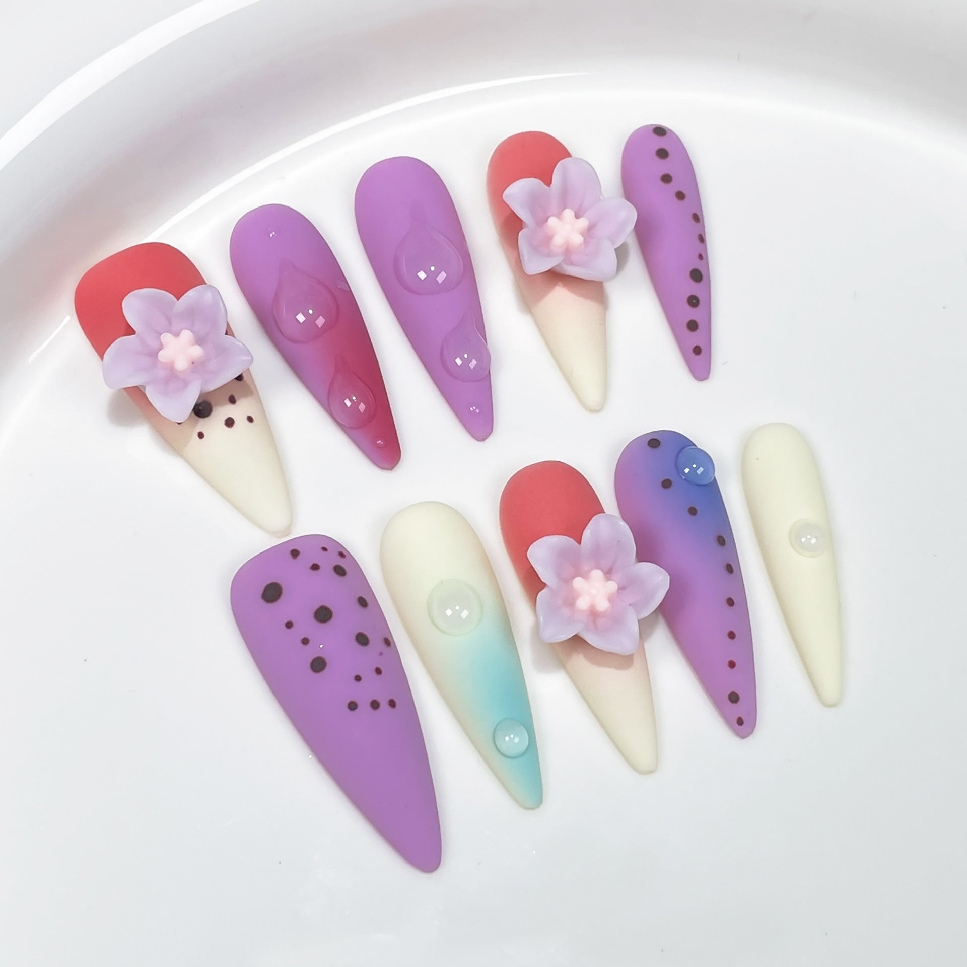Long-pointed summer colorful contrasting colors Handmade Press-on Nails polka dot stamen long nail patch｜365nails