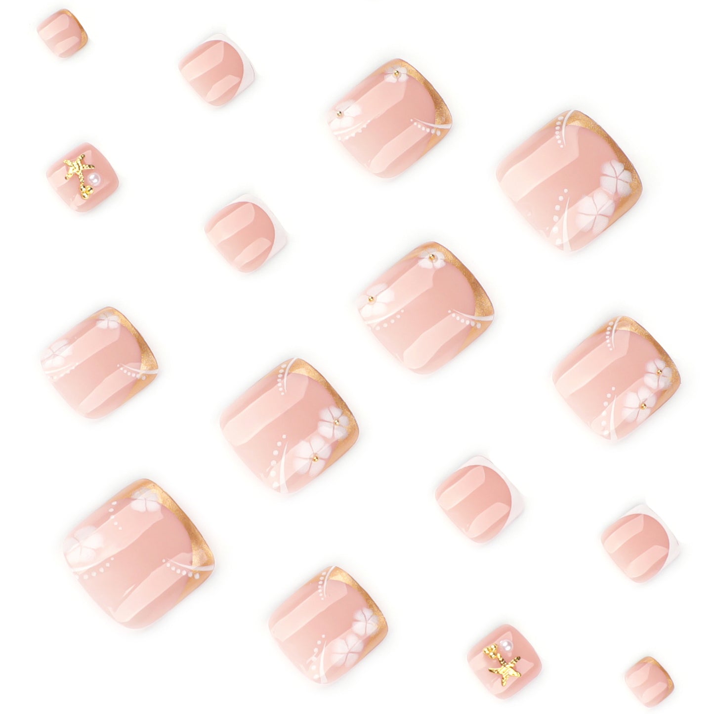 Minimalist french gold & white short square toe nail tips with white floral accents