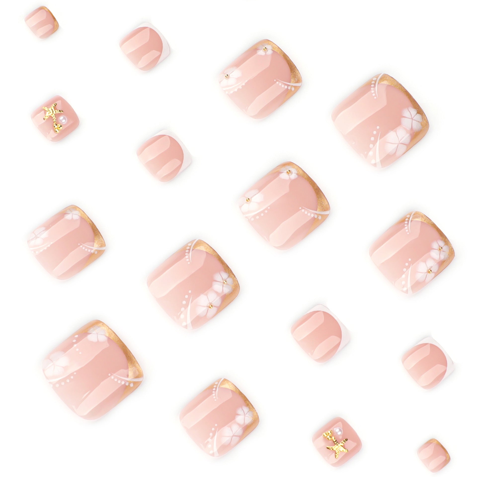 Minimalist french gold & white short square toe nail tips with white floral accents