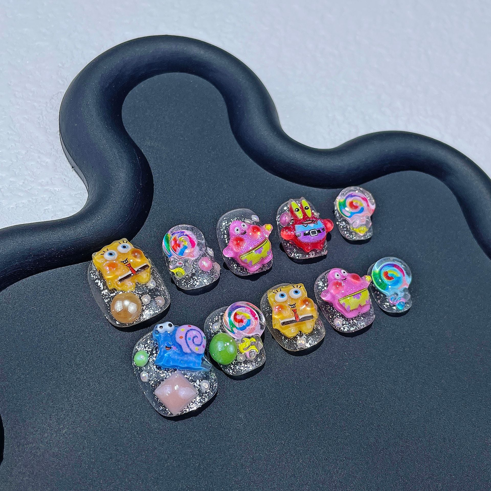 Unhas postiças curtas com desenho animado fofo, Bob Esponja Calça Quadrada, Patrick Estrela, arte de unha curta, patch finalizado, usável, 365nails