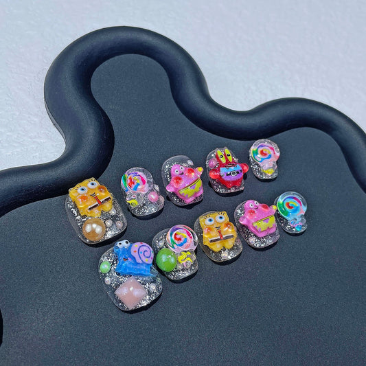 Cartoon Cute Handmade press on nails SpongeBob SquarePants Patrick Star Short Nail Art Finished Patch Wearable Fake Nails｜365nails