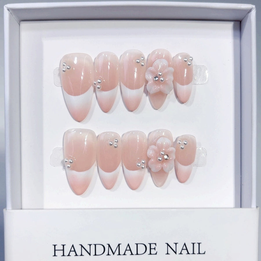 Bridal Bloom: "Pearl Flower French" – Almond Press-On Nails