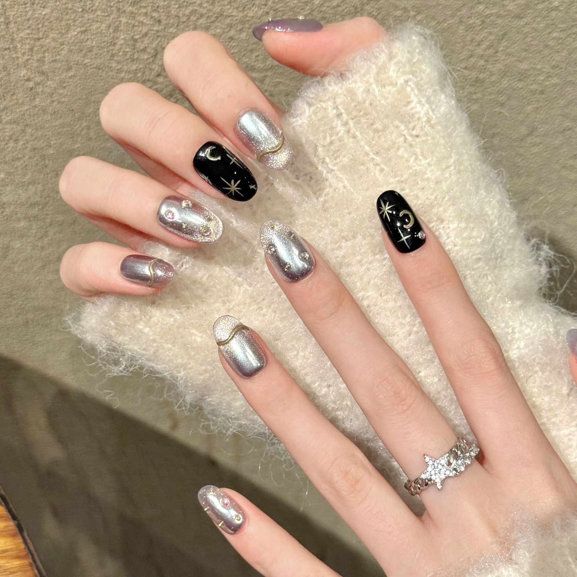 Iridescent Silver Moon Star Press On Nails