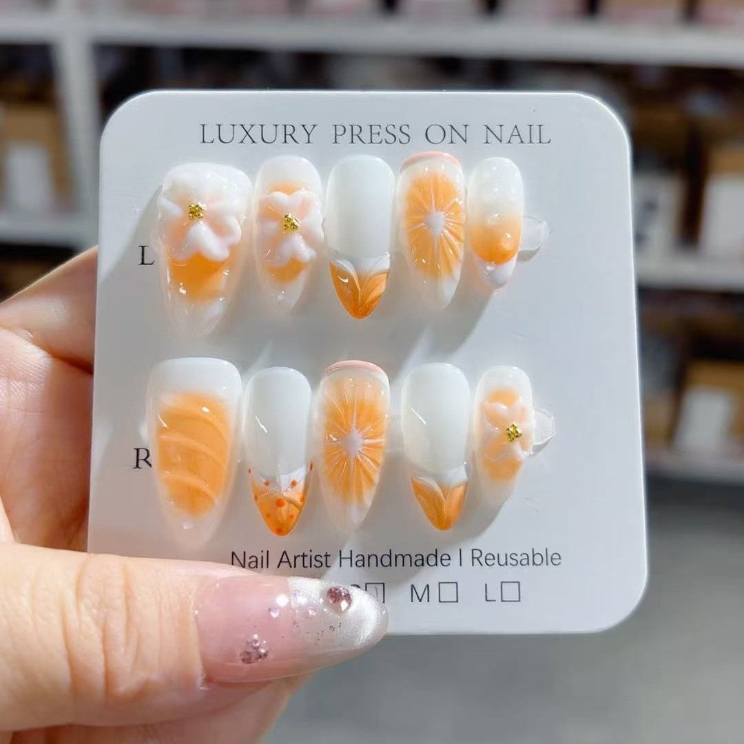 365nails-Mango Tango: "Sunny Mango" – Unhas Postiças Artesanais 3D Esculpidas em Formato Amendoado