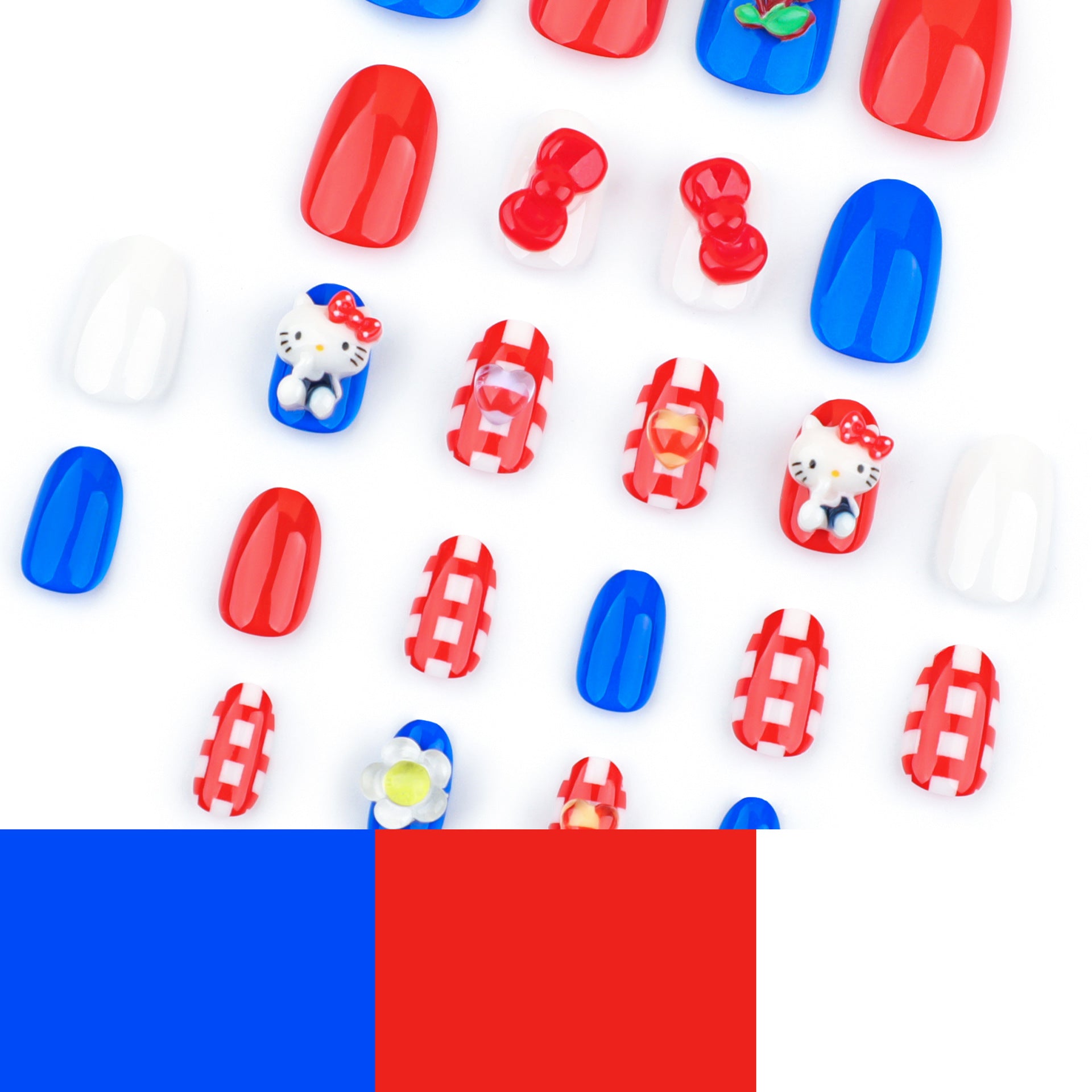 Desenho animado japonês gatinho fofo vestindo armadura tridimensional flor xadrez manicure curta simples unhas postiças atacado ｜ 365nails