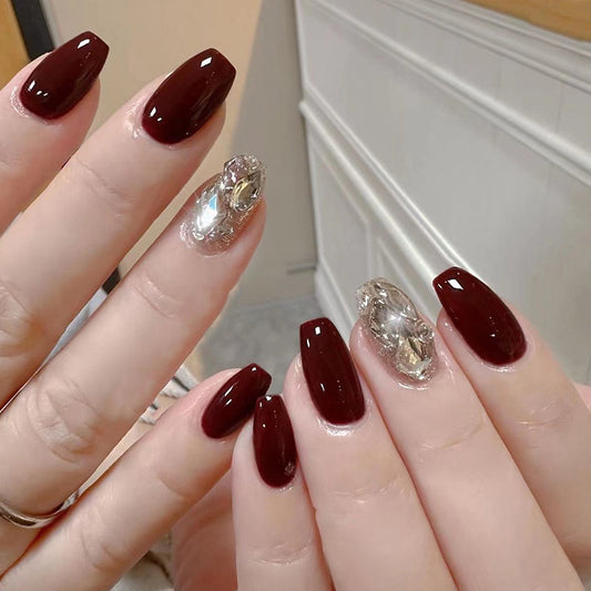 Nail art  burgundy gold glitter rhinestone nail piece wholesale nail patch wholesale nail｜365nails