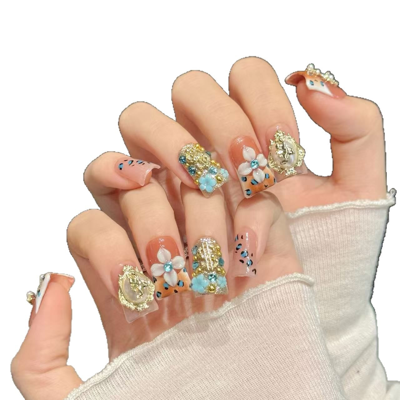 Golden Cross Floral Glam Coral Duckbill Press On Nails