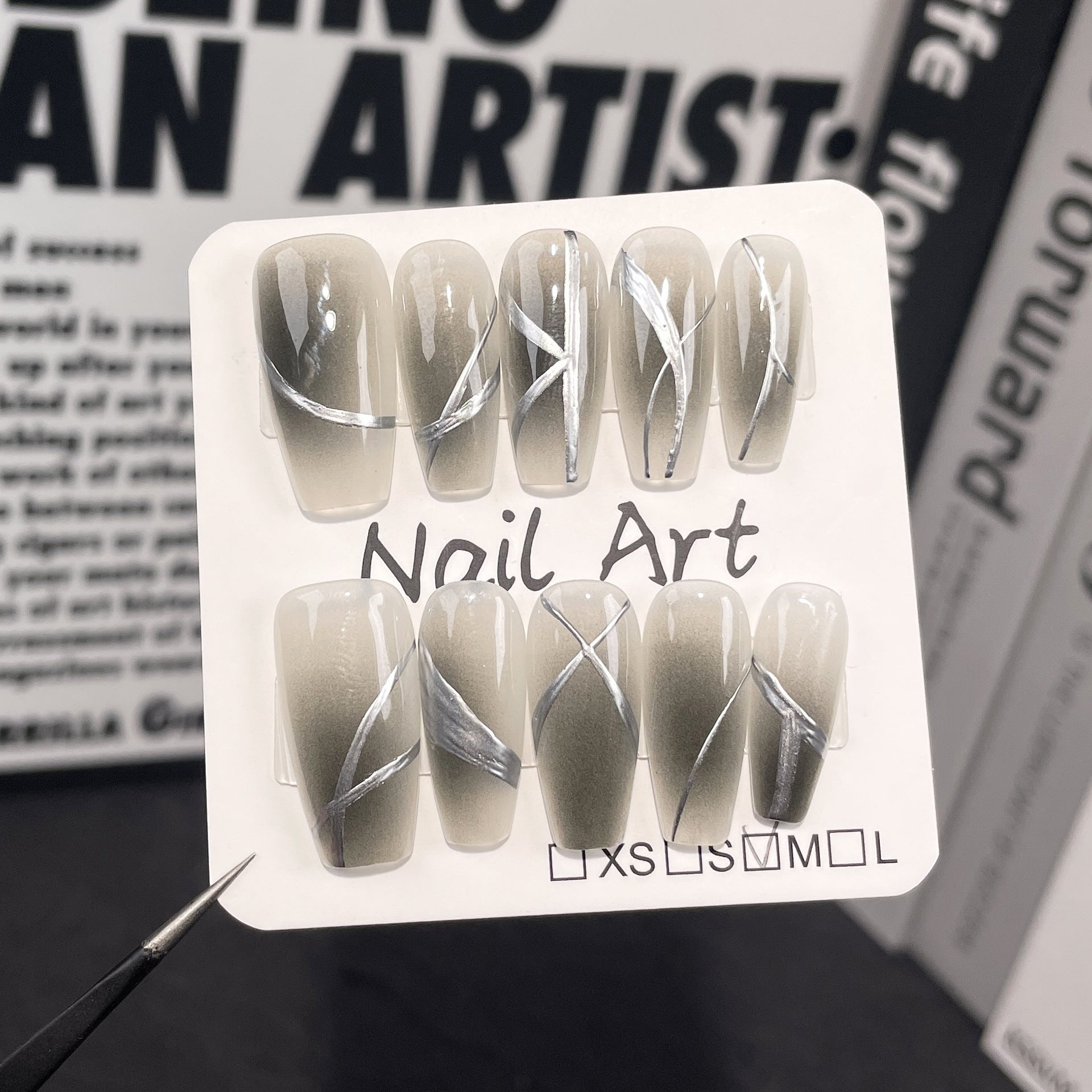 Modern Gray Smoke Ombré Silver Chrome Line Art Press-On Nails