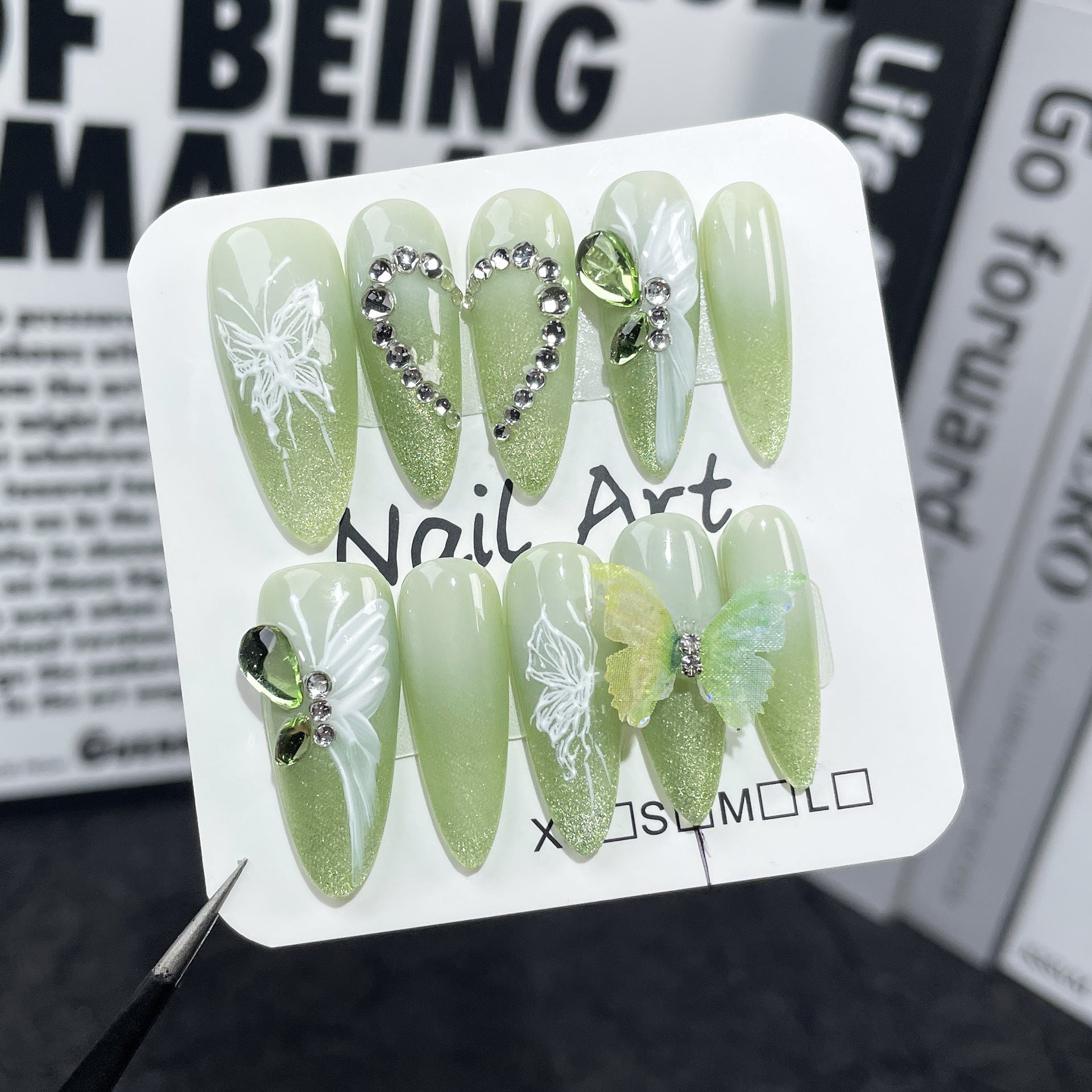 Green Shimmer Nails with 3D Butterfly Crystal Accents
