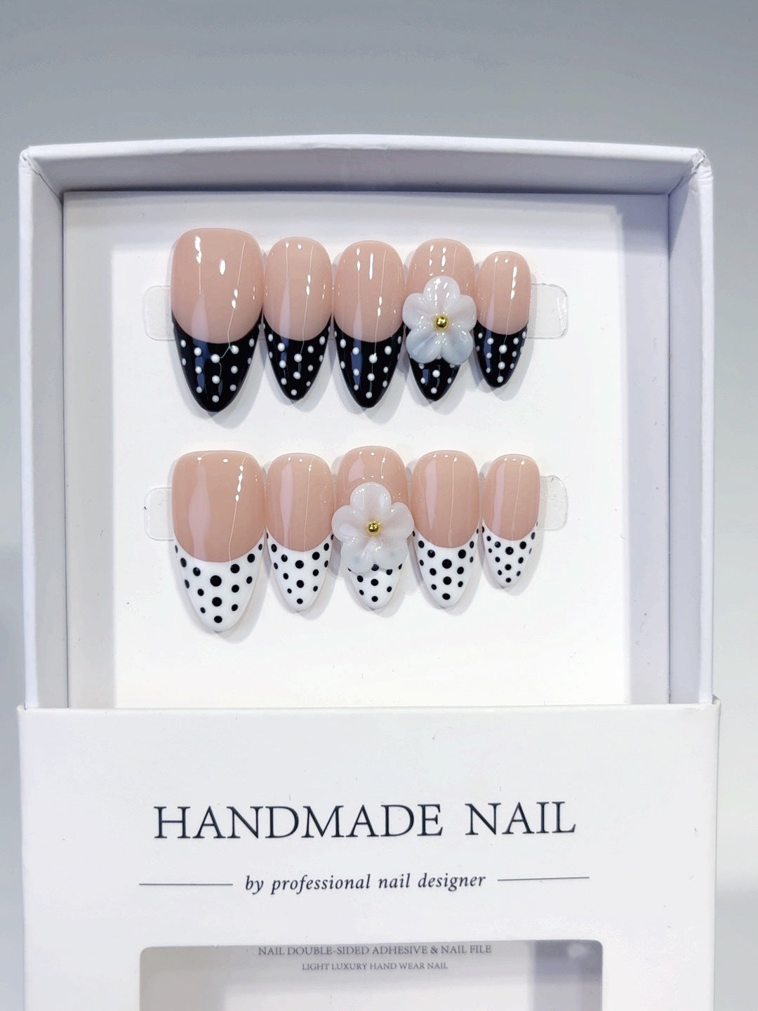 Classic Charm: "Polka Dot Daisy" – Almond Press-On Nails