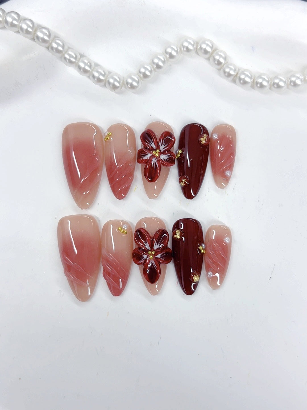 Crimson Bloom: "Scarlet Lily Grace" – Almond Press-On Nails