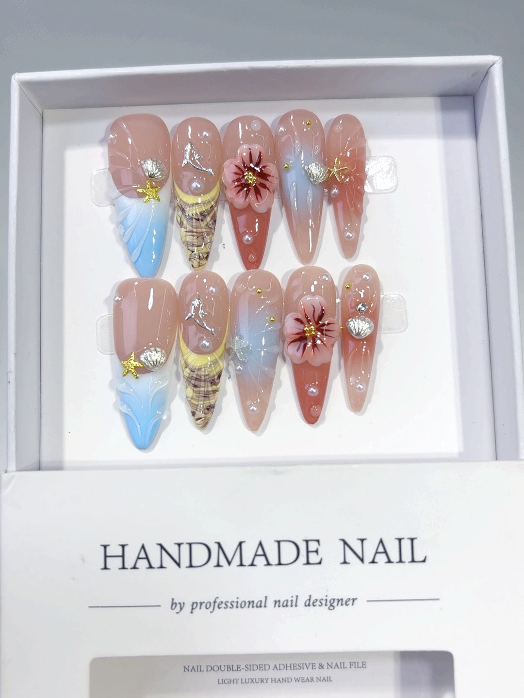 Coastal Bloom: "Seashell & Flower" – Long Almond Handmade Press On Nails