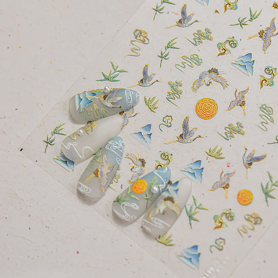 Oriental Mountain & Crane: "Serene Landscape" – 3D Embossed Nail Sticker