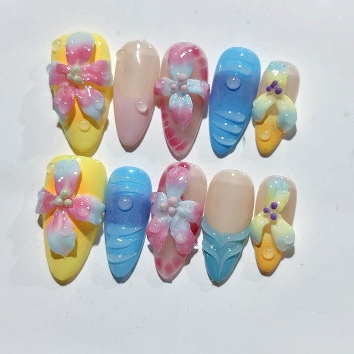 365nails: "Rainbow Floral Mermaid" – Medium Almond Colorful Floral Handmade Press-On Nails