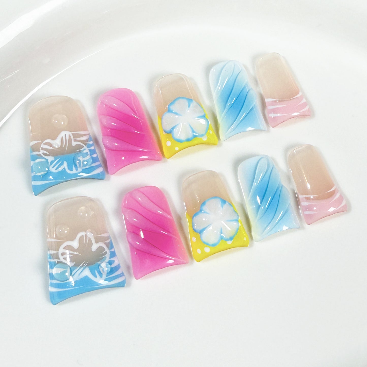 Duck bill nail sweet and cute three-dimensional engraved ice-transparent blush nail hand-painted French handmade press on nails｜365nails