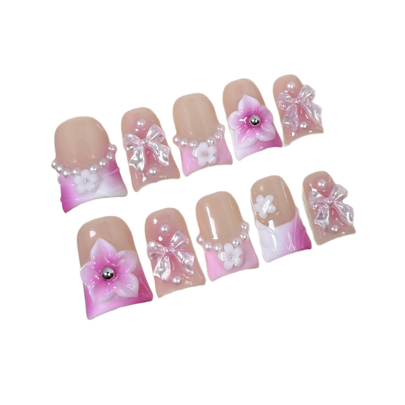 Unhas de bico de pato com laço de pérola esculpido em forma de coração para meninas, arte em unhas postiças feitas à mão, atacado ｜ 365nails
