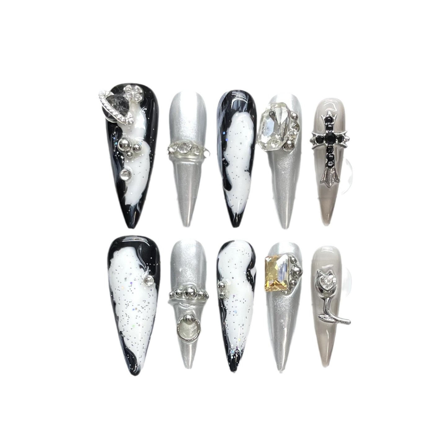 handmade press on nails Psychedelic Empress Dowager Silver White Silver Flash Spice Girl Nail Art  Long Tip Nail Type | 365nails