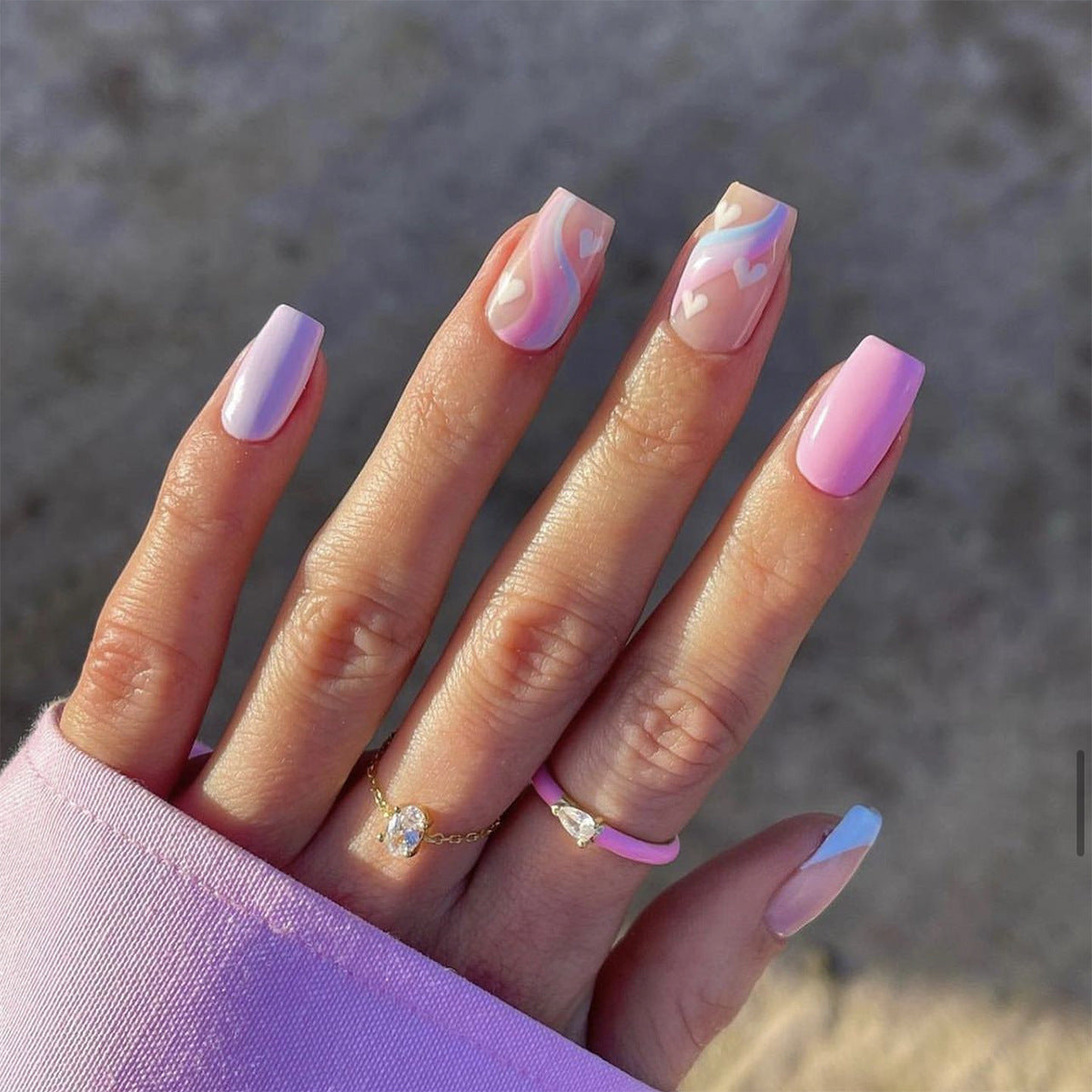 藍紫法式多色波浪愛心穿戴甲片 成品批發｜365nails