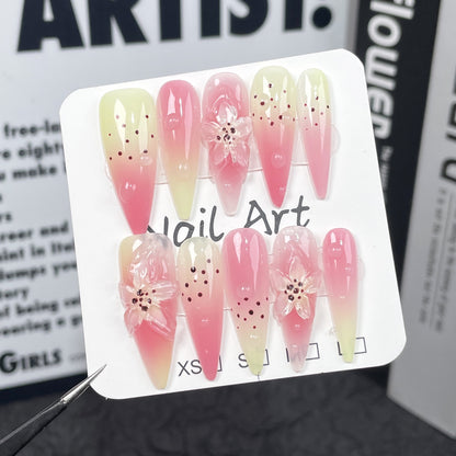 3D three-dimensional ice through lily spray gun gradual change handmade press on nails two-color flower pure desire sweet long nail patch｜365nails