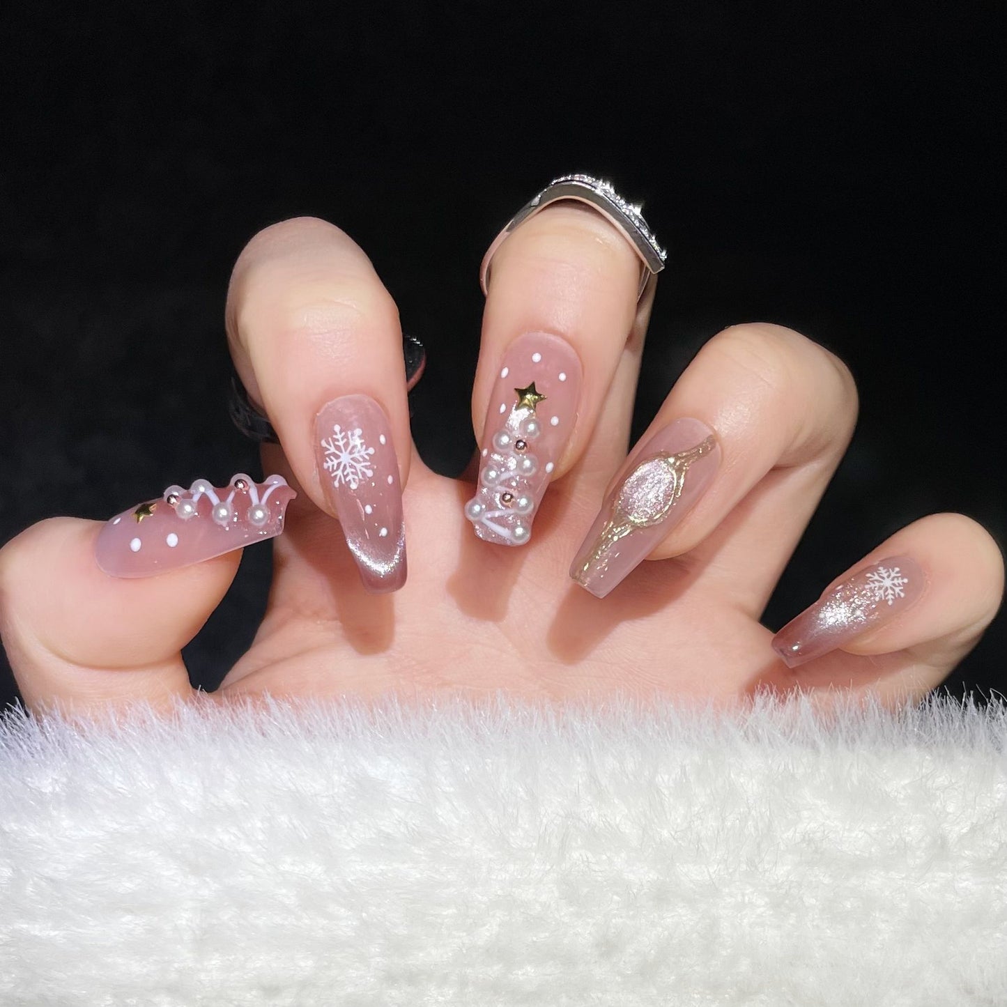 Nude Pink Christmas Press‑On Nails – Snowflake & Star Pearl Design