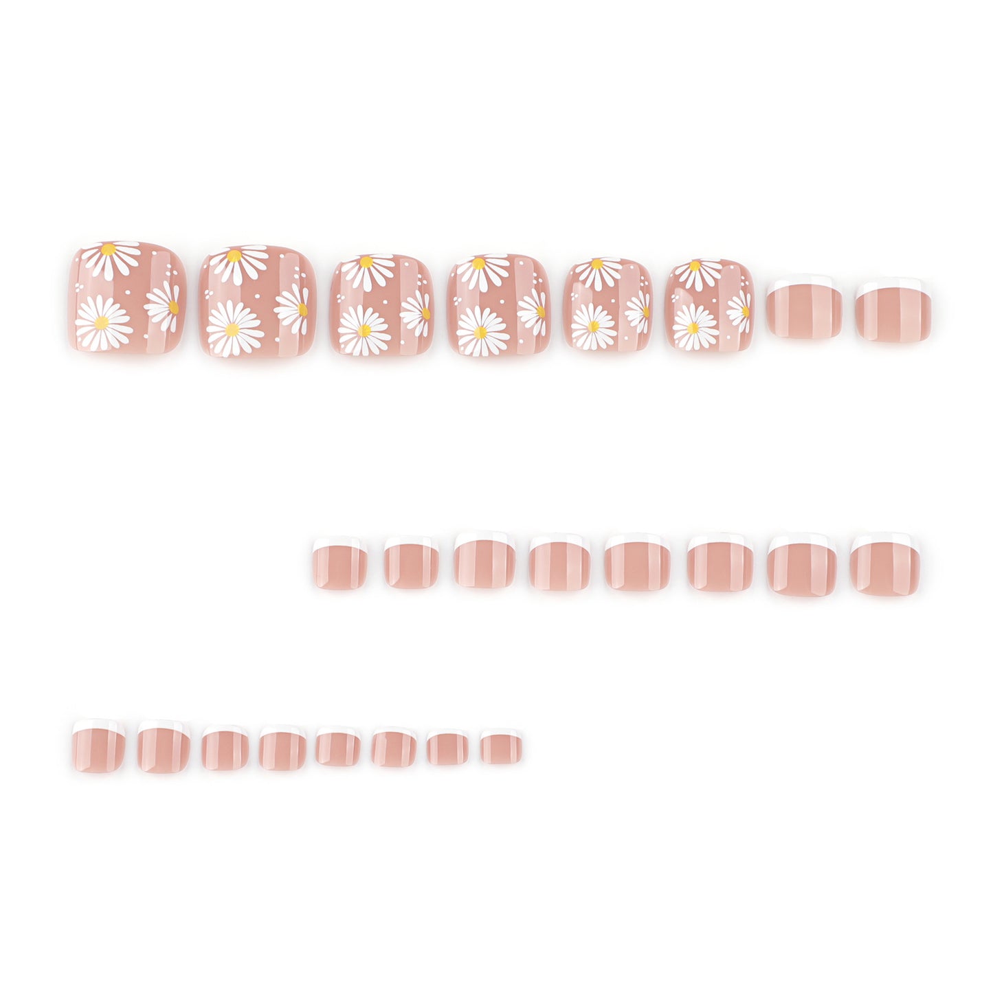 Nuevos productos de primavera y verano, flores de margarita, uñas de los pies simples y pequeñas, uñas de los pies frescas, pies blancos franceses, almohadillas para uñas a presión｜365nails