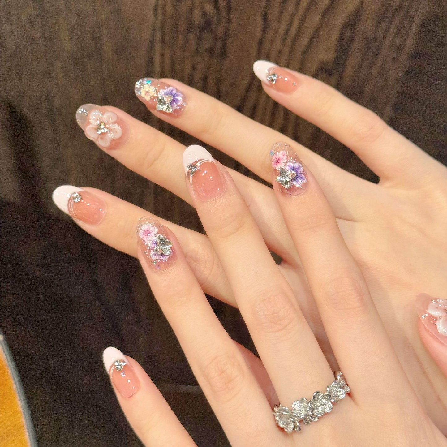 Pastel Floral Pink Glitter Handmade Press On Nails