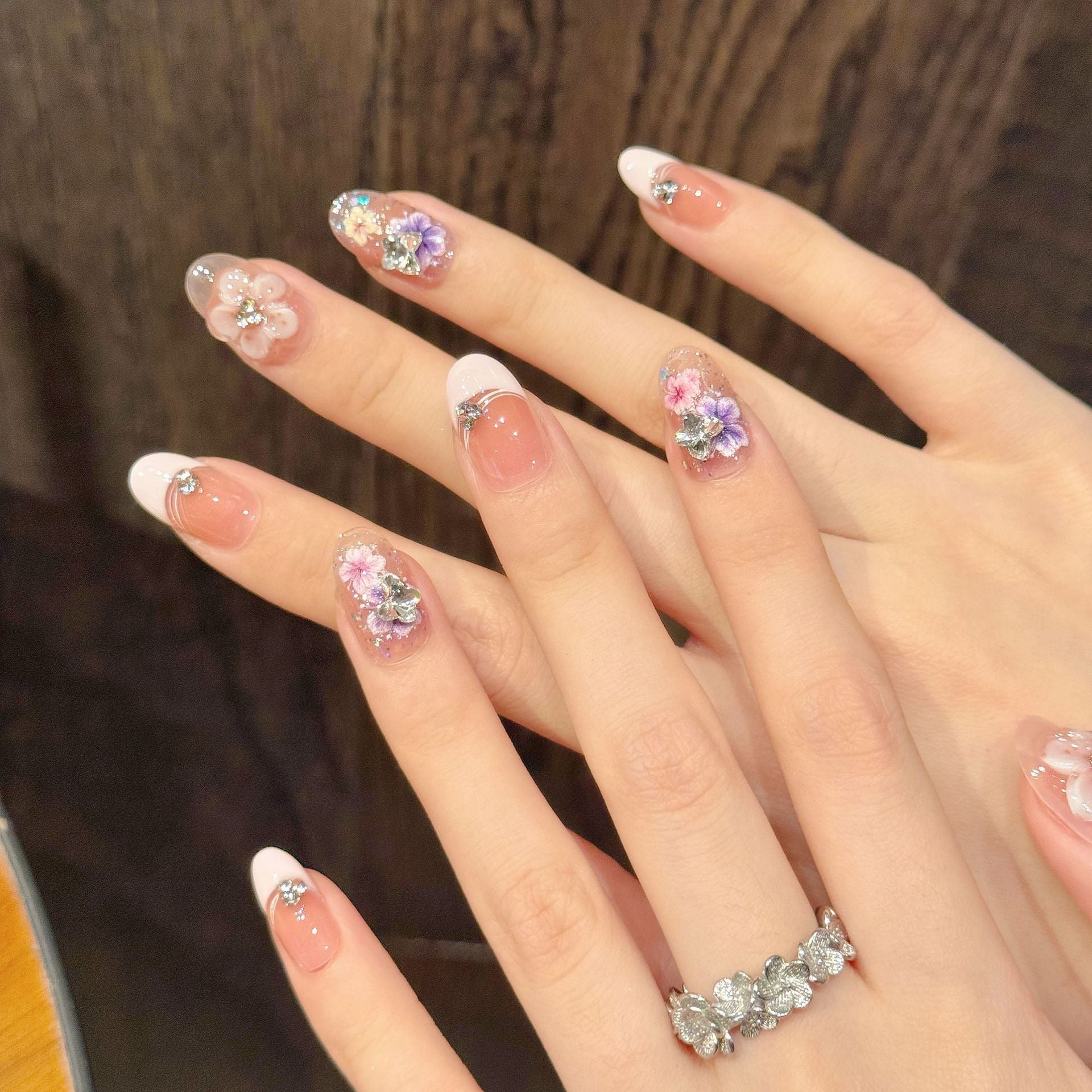Pastel Floral Pink Glitter Handmade Press On Nails