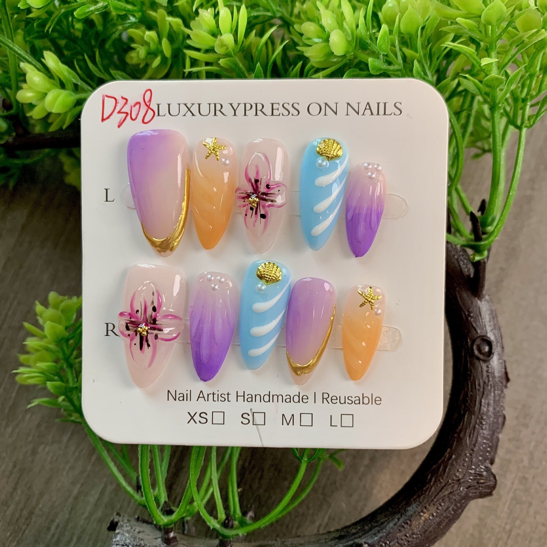 365nails-Sunset Bloom: "Gradiente Floral" – Unhas Postiças Artesanais Amêndoa Média