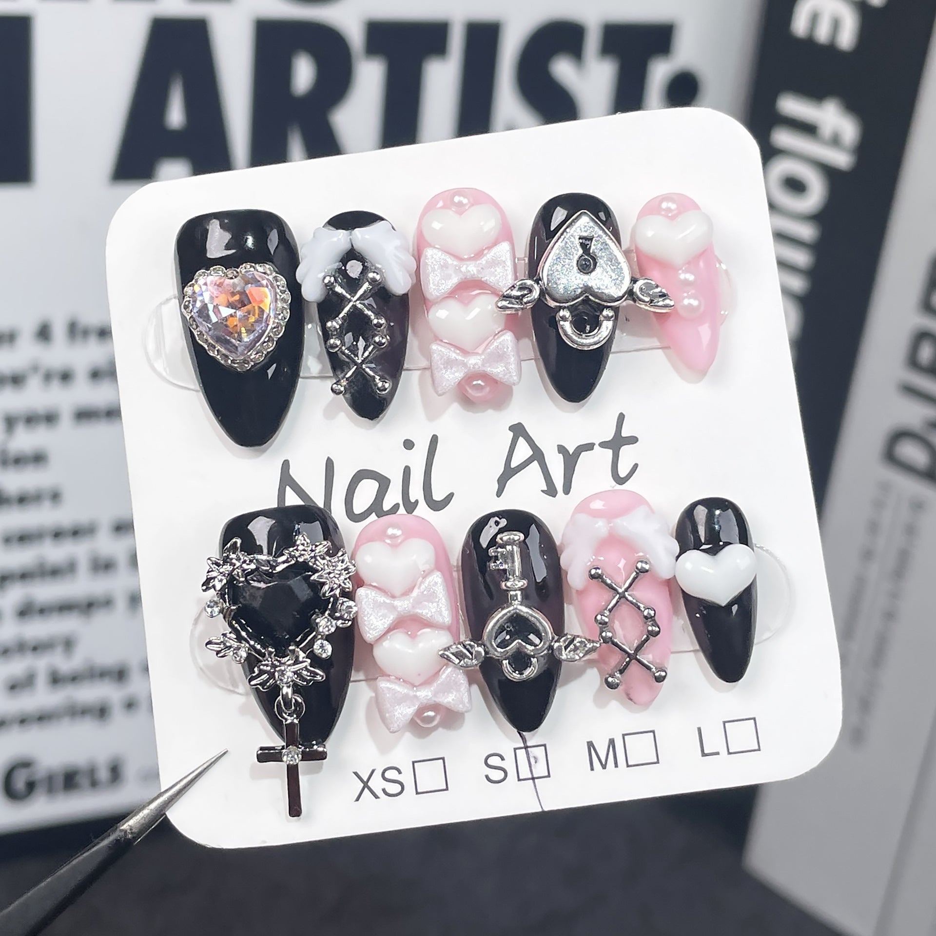 Unhas postiças artesanais Millennium Spice Girl Wind Black Powder Sweet Cool Nail Art com acabamento em patch｜365nails