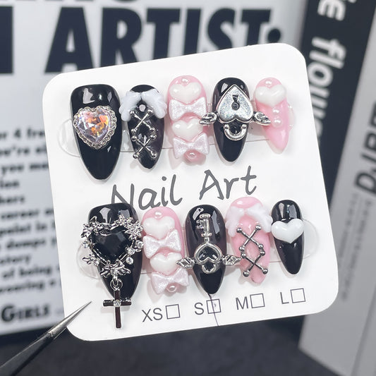 Handmade Press-on Nails Millennium Spice Girl wind black powder sweet cool nail art finished patch fake nails｜365nails