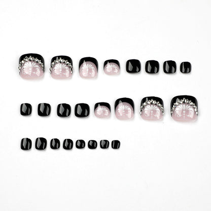 Venta al por mayor de uñas francesas negras con flores blancas, uña de diamante, uña postiza terminada, parche de manicura | 365nails