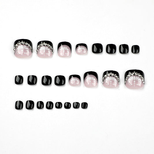 wholesale black French toenails white flower pile diamond nail piece finished fake nail manicure patch ｜365nails