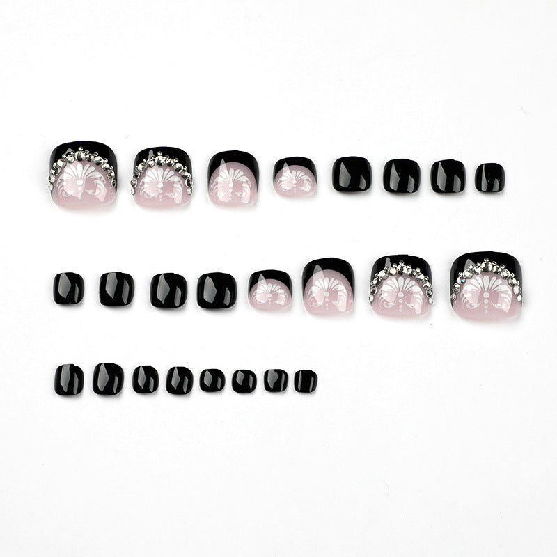도매 블랙 프렌치 발톱 화이트 플라워 장식 라인스톤 완성 인조 발톱 패치 ｜365nails