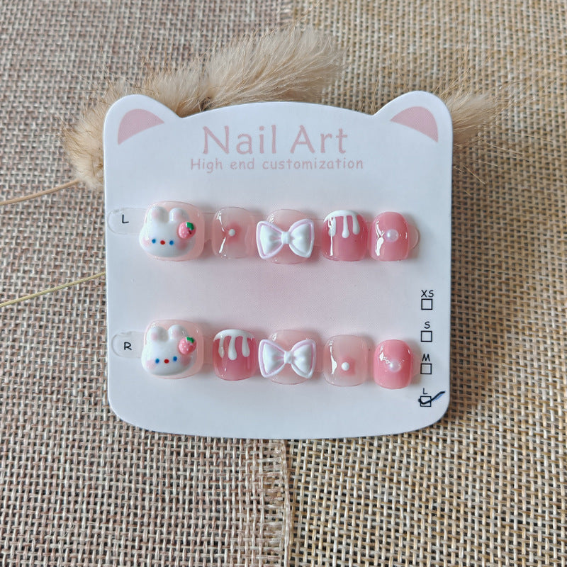 365nails: "strawberry cream bunny" – short round handmade kids press-on nails