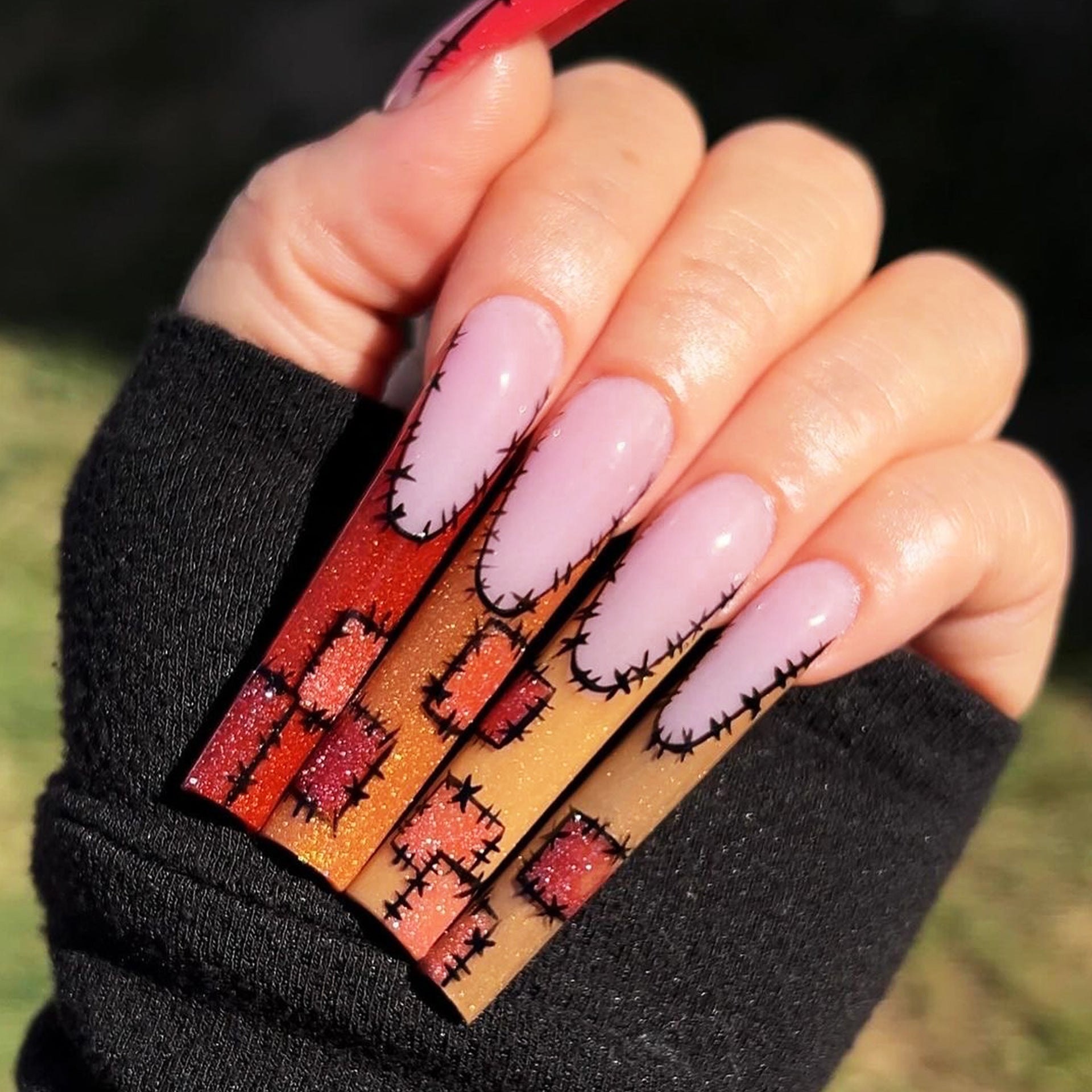 超長芭蕾形法式 秋冬暖色拼接 甲片｜365nails