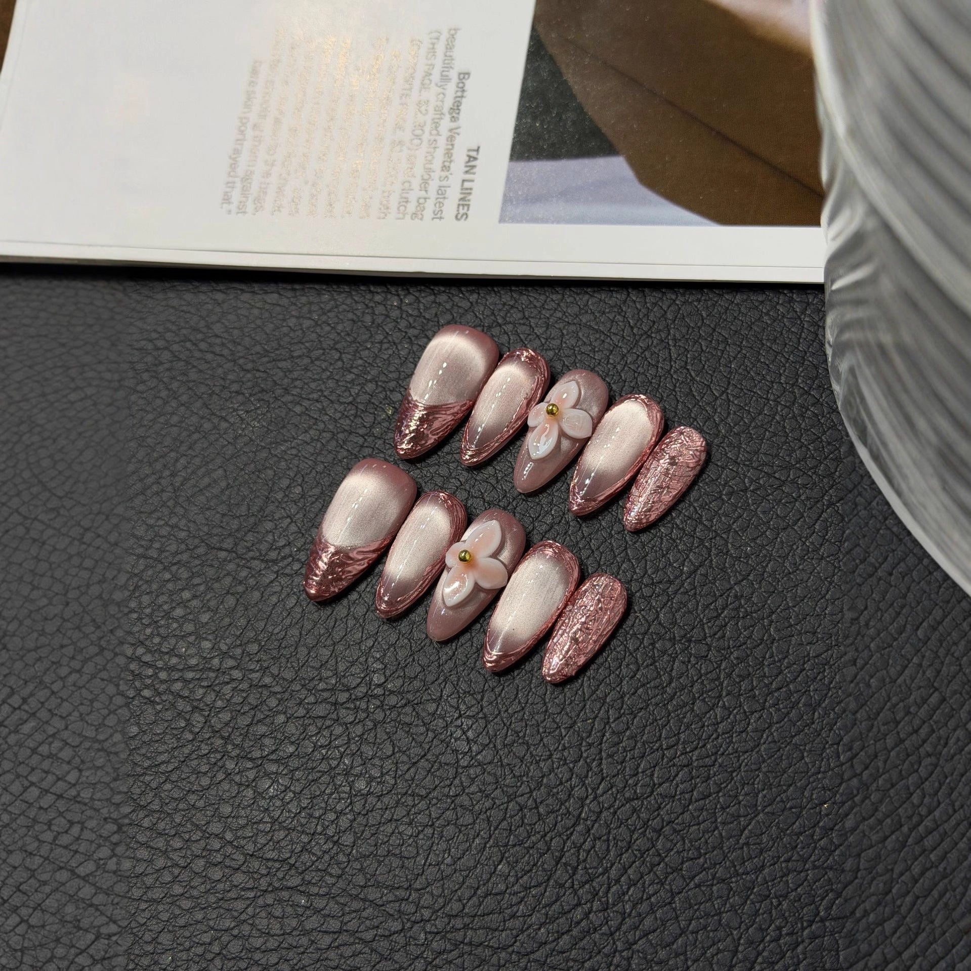 365nails: "Enchanted Bloom" – 3D Floral Pearl Handmade Almond Nails