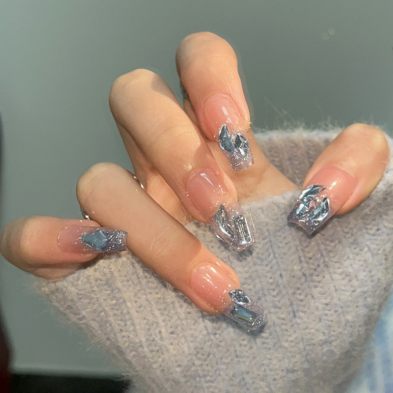 365nails Opulence: "Stellar Frost" – Medium Ballerina Silver Foil & Crystal Press On Nails 24pcs