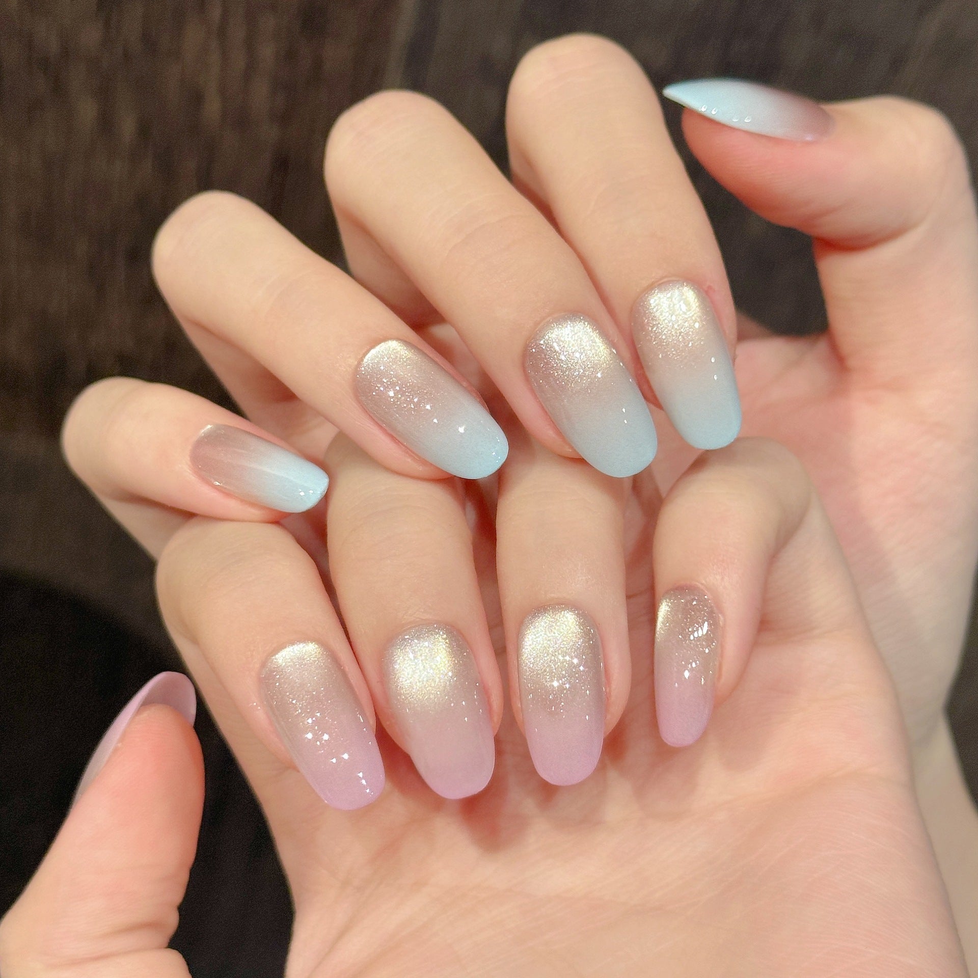 365nails: "Iridescent Aurora" – Hand-Painted Ombré Cat Eye Handmade Press on Nails Short Almond Nails