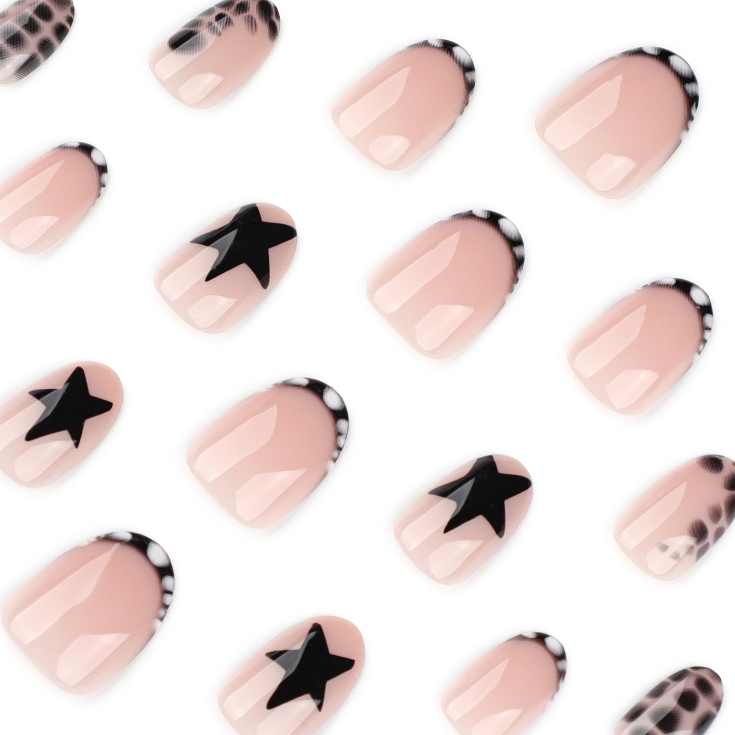 Black White Star Nails with Chic Animal Print Details