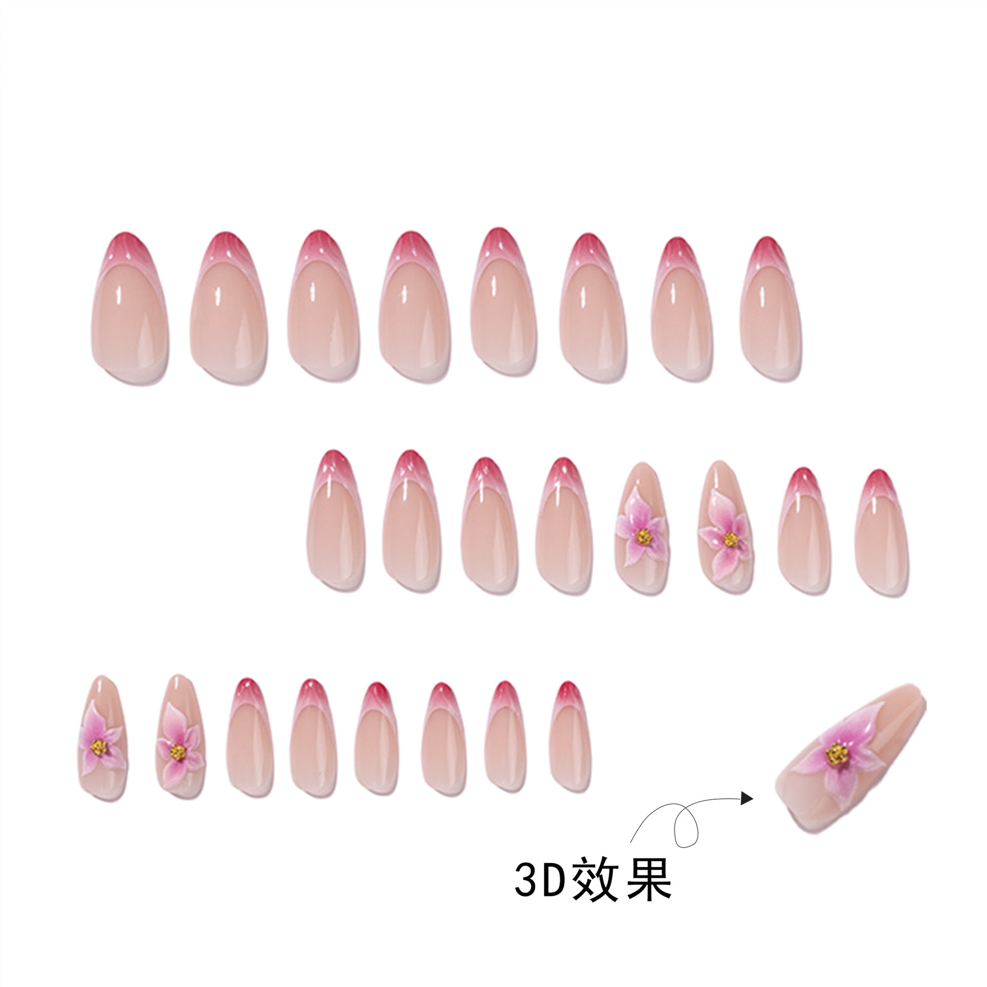 365nails: "Pink Swirl French with 3D Flower Almond" – Elegant Press-on Nails