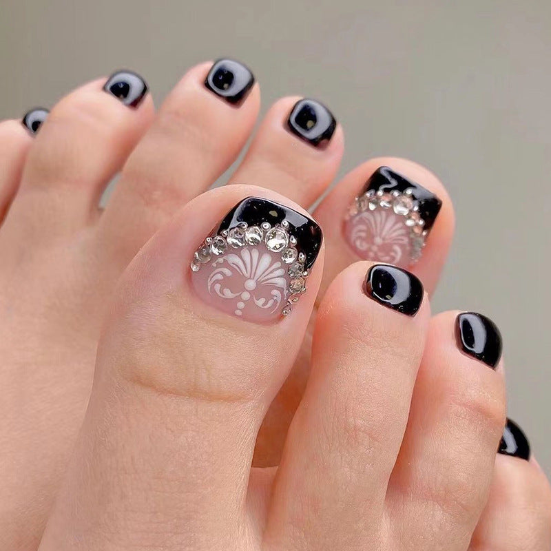 Ongles d'orteils press-on french noirs en gros, fleur blanche diamant, pièce finie, patch faux ongle｜365nails
