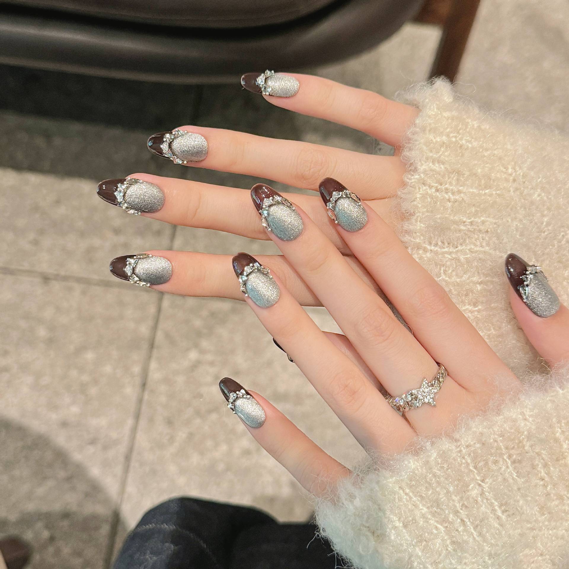365nails: "Midnight Mirage" – Cat Eye & Rhinestone Handmade Press on Nails Short Square Nails