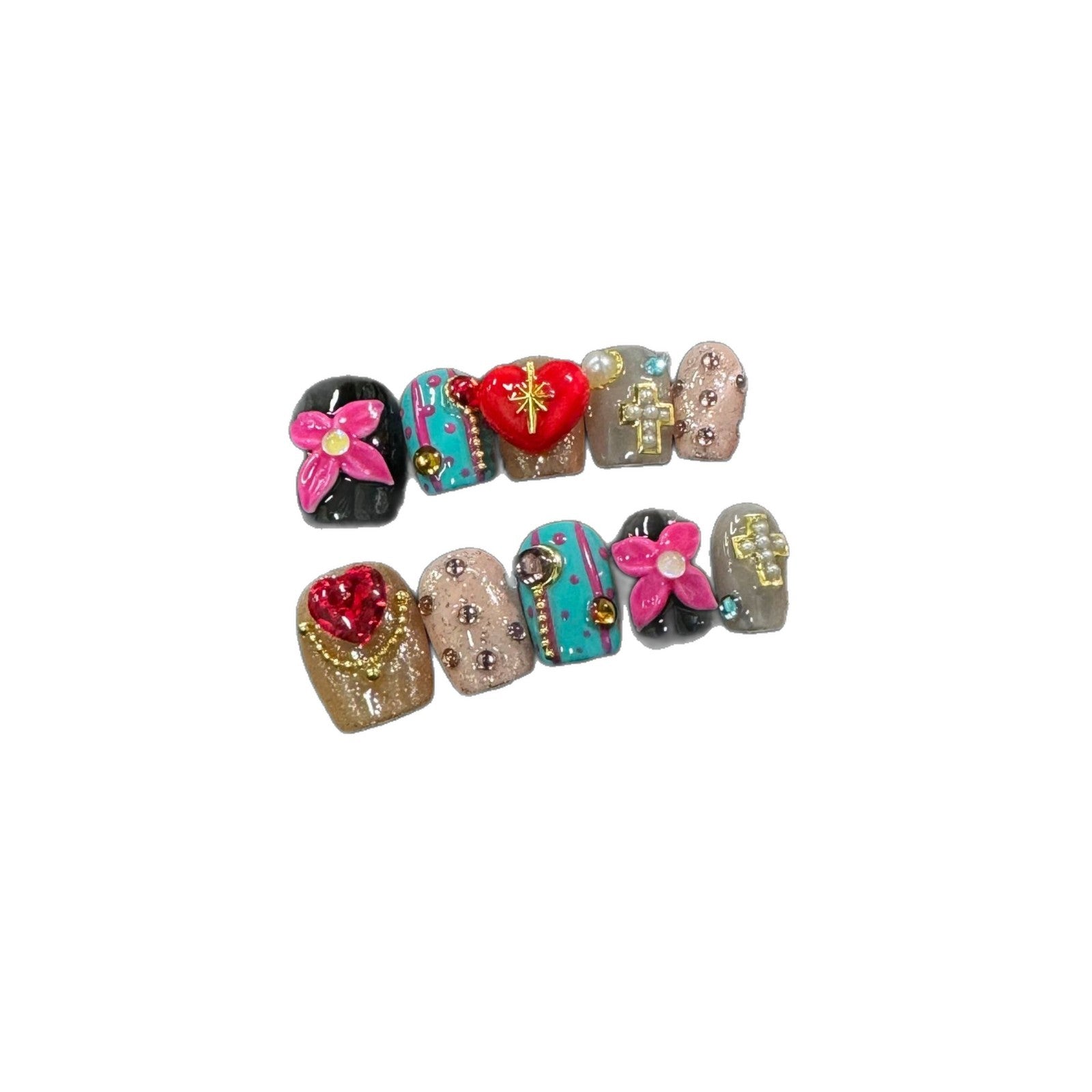 365nails: "Sweetheart's Whimsy" – 3D Floral & Heart Handmade Short Square Nails