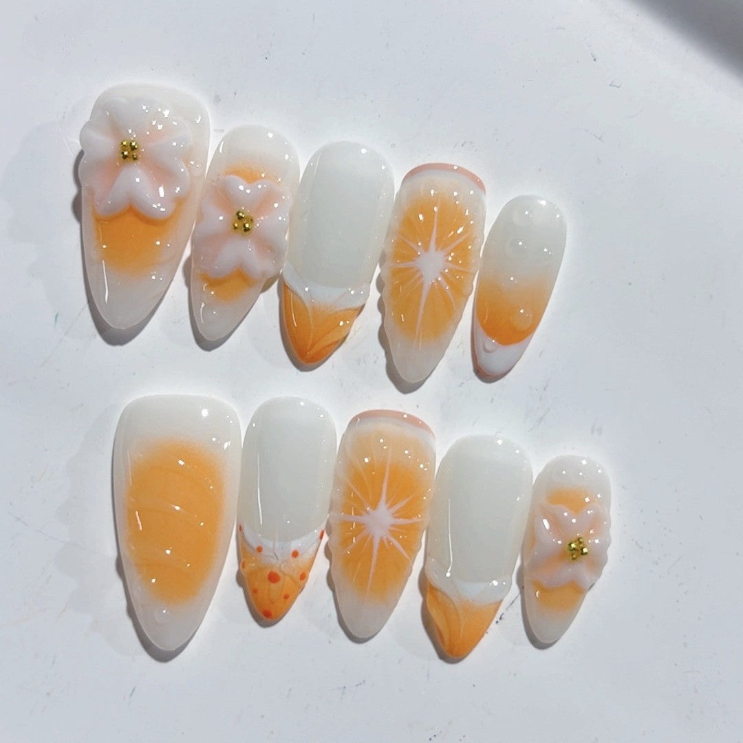 365nails-Mango Tango: "Sunny Mango" – Unhas Postiças Artesanais 3D Esculpidas em Formato Amendoado
