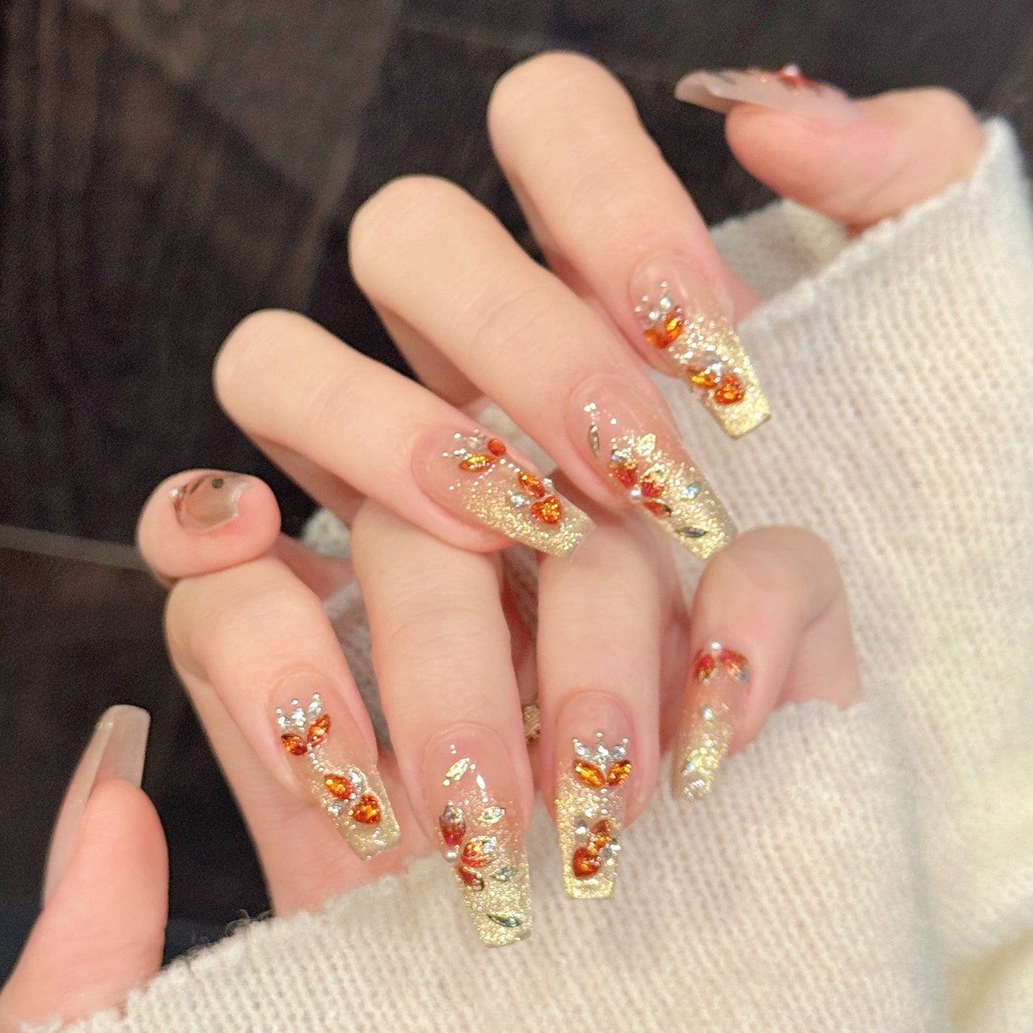 Peach Gold Glitter Floral Crystal Press On Nails
