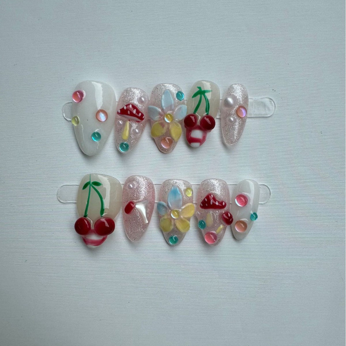 365nails: "Sweet Garden" – 3D Fruit & Mushroom Handmade Almond Nails