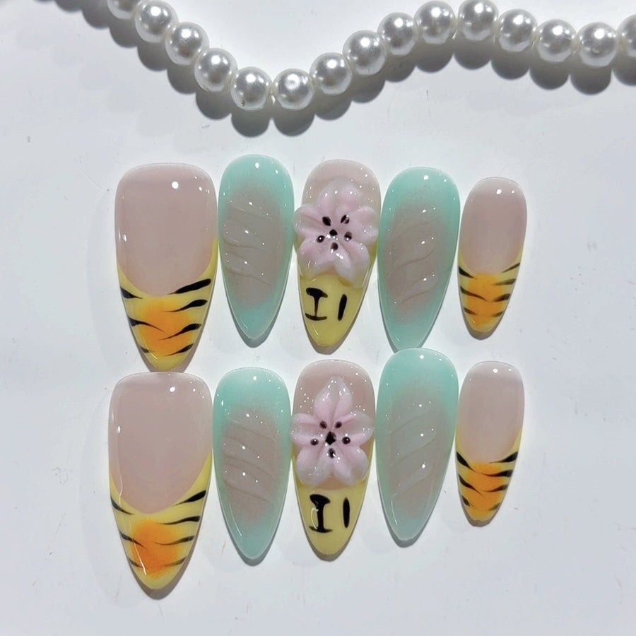 Spring Whisper: "Tiger & Bloom" – Medium Almond Handmade Press On Nails